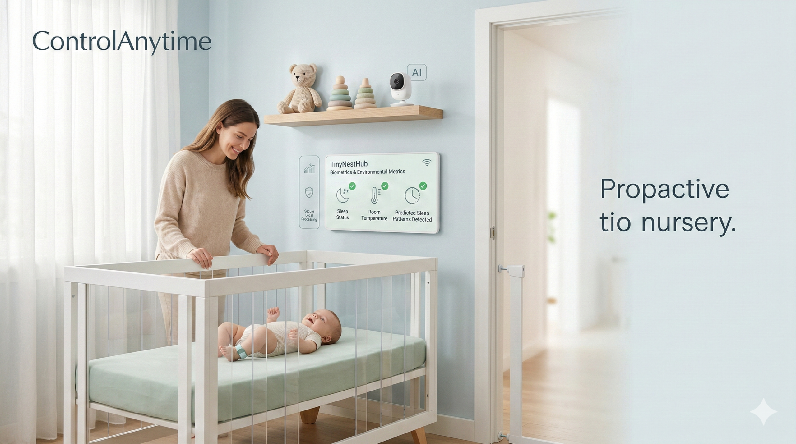 A modern smart nursery utilizing a strictly soft pastel color palette of light blue, beige, soft green, and white. A smiling, caring young mother stands by a white crib with sensor panels, lovingly supervising her infant who wears a non-intrusive biometric ankle band. A wall-mounted TinyNestHub display near the crib shows clear English data visualizations and text: 'TinyNestHub Biometrics & Environmental Metrics', 'Secure Local Processing', and 'Predicted Sleep Patterns Detected'. An AI-labeled baby monitor is visible on a shelf above. Natural daylight filters from a window on the left. A safety gate is partially visible in the background hallway. The scene conveys a strong sense of safe, purposeful, data-informed parenting and proactive safety. The ControlAnytime logo is subtly in the top left.