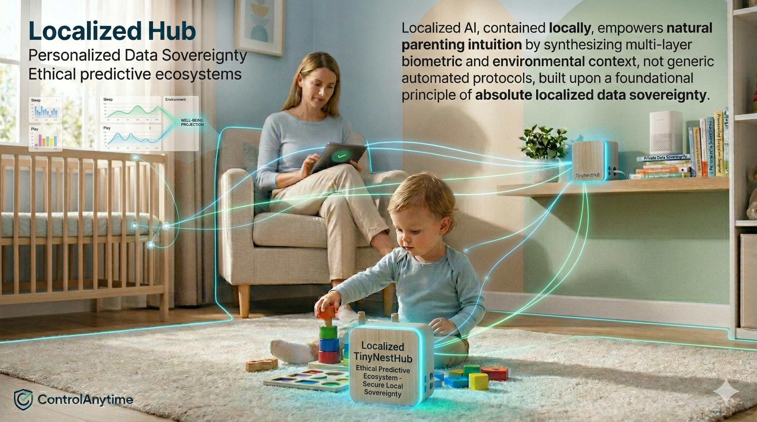 Mother calmly monitors non-live data on tablet in modern nursery with child..