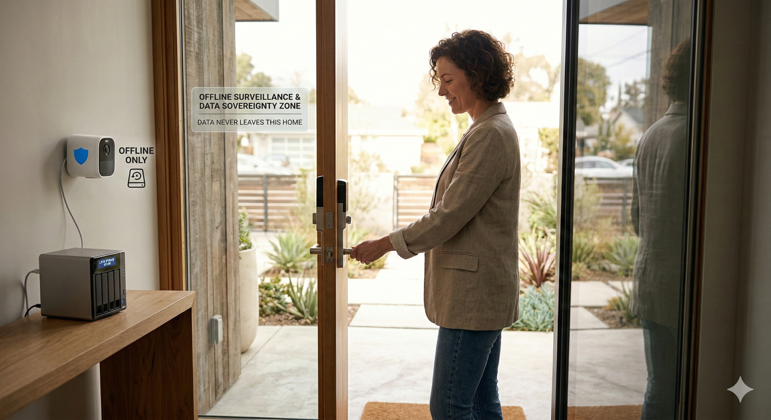 Mother smiling at happy baby in a modern crib with a secure, local storage nanny cam visible on a shelf in a pastel-colored nursery.