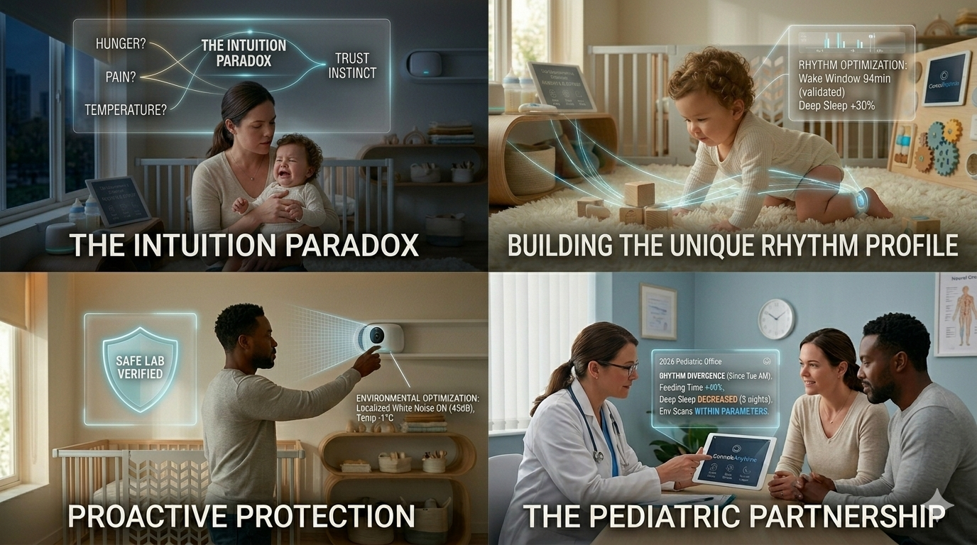 A depiction of 'Empowered Intuition' in 2026, showing a parent and baby connecting, with subtle integrated data streams derived from TinyNestHub visualizations.